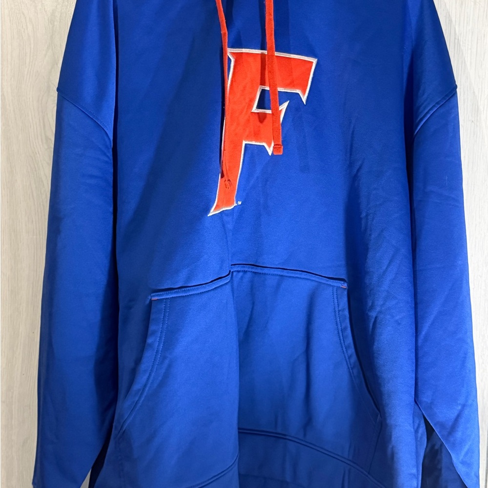 Blue Hoodie with Orange Lettering